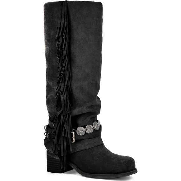 ⚡Women's Black Knee High Riding Boots With Fringes Buckle Straps Chunky Heel - Picture 1 of 4